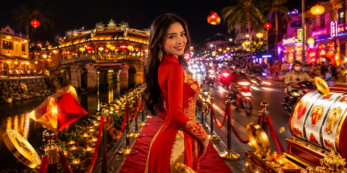 Cô gái Việt Nam mặc áo dài chơi slot game tại Hội An về đêm