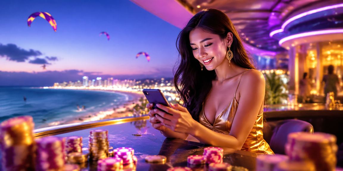 Người chơi casino trực tuyến trên điện thoại tại khu nghỉ dưỡng Mũi Né ban đêm